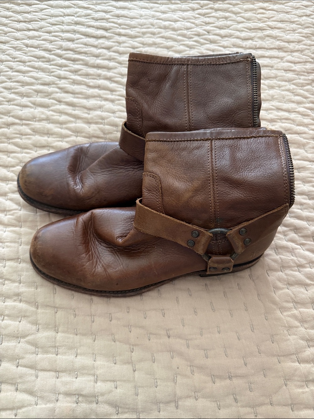 Frye Phillip Brown Leather Harness Ankle Boots with back zipper